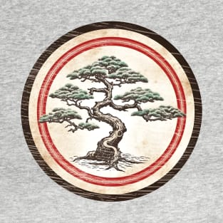 Green bonsai on vintage distressed circular background T-Shirt